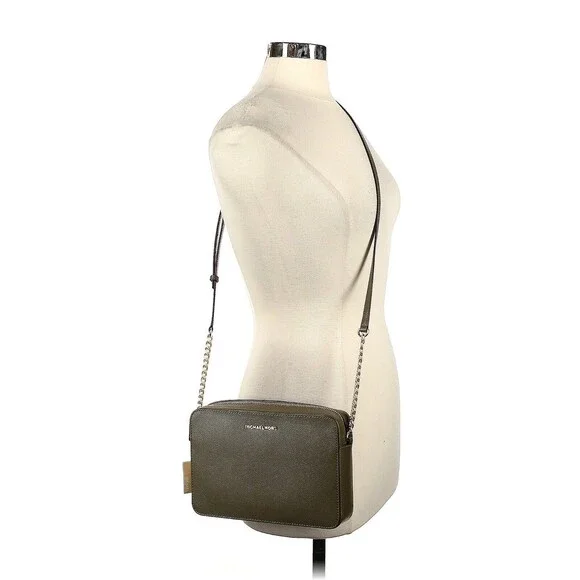 MICHAEL KORS Jet Set Olive Leather Zip Chain Crossbody Bag
